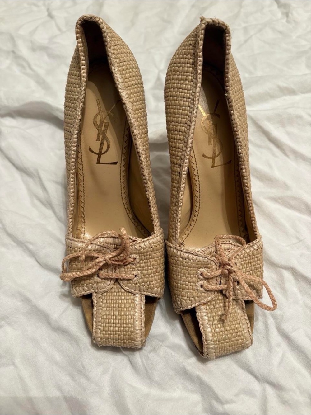 Yves Saint Laurent Woven Natural-Tone Peep-Toe Heels with Bow